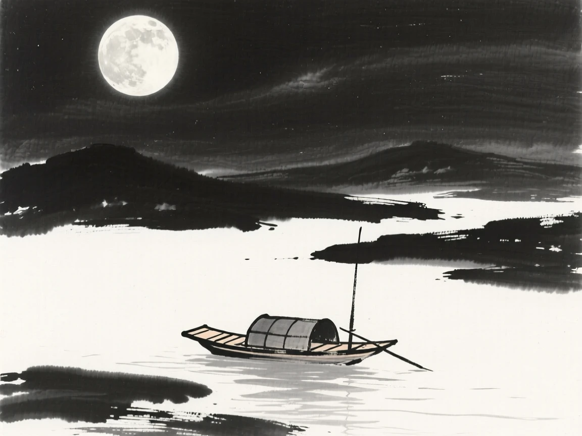 A small boat drifts silently across a river under a bright full moon, with the silhouette of distant hills framing the horizon.