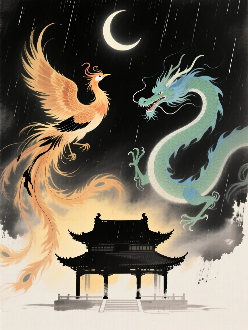 A phoenix and dragon circling above a temple bathed in golden light, beneath a crescent moon, through a curtain of fine rain.
