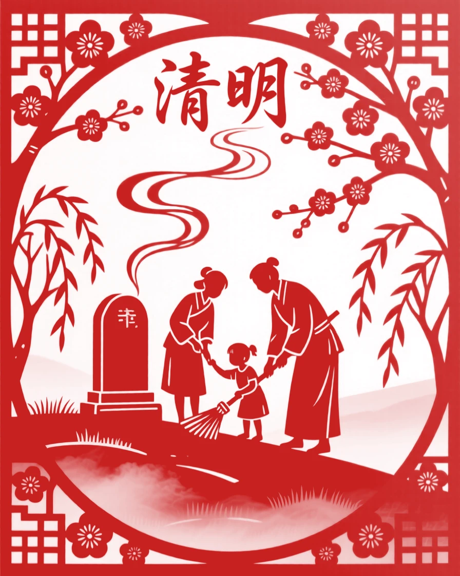 A Qingming Festival scene of a family sweeping an ancestral gravestone on a misty hillside, willow branches placed at the tomb, incense smoke curling upward past blossoming trees