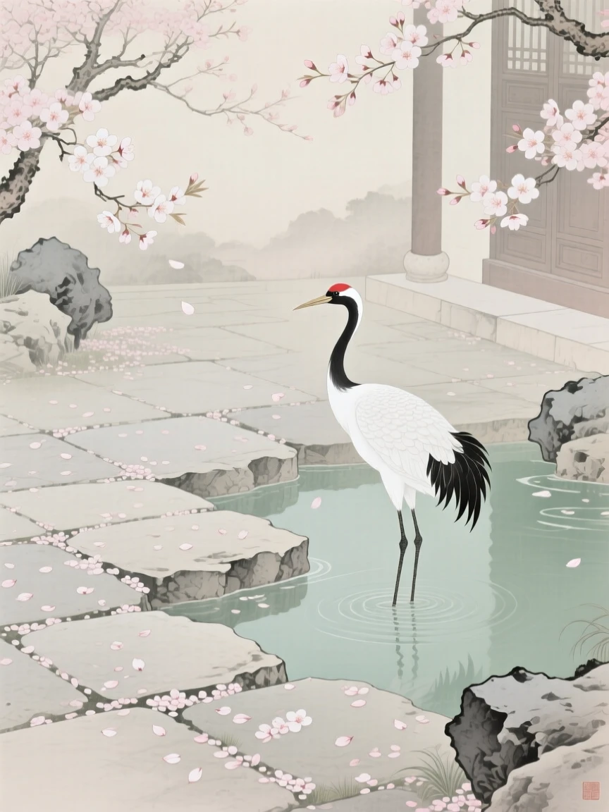 Cherry blossom petals drifting across a quiet stone courtyard in spring, with a lone crane standing at the water's edge