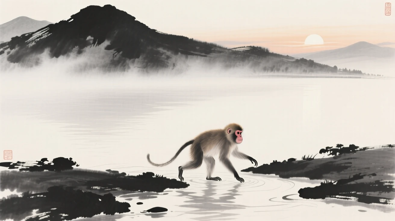 A monkey crossing a shallow stream at first light beside a tranquil mountain lake, viewed through a gentle veil of morning mist, evoking the gentle rhythm of the natural world.