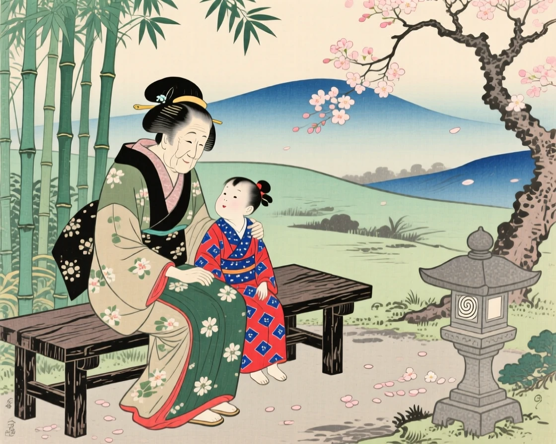 A grandmother and grandchild sharing a quiet moment on a garden bench.