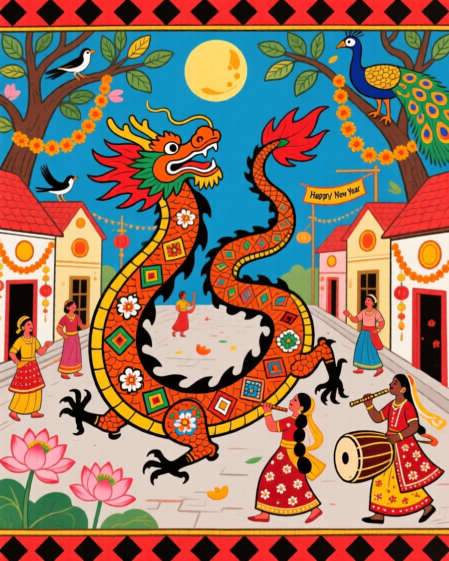 A Lunar New Year parade with a dragon dance winding through the streets.