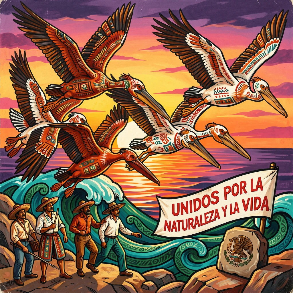 A group of pelicans diving for fish along the coast
