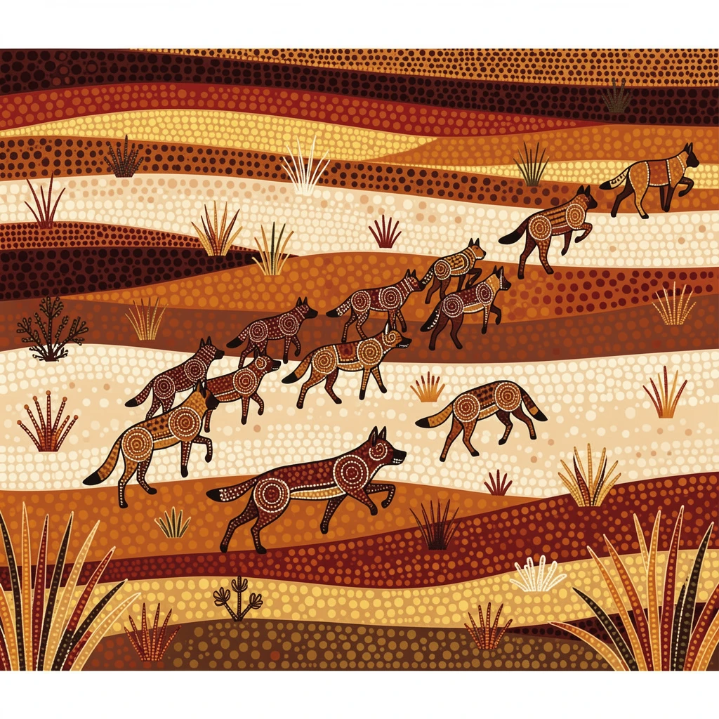 A herd of wild dogs migrating across the plains