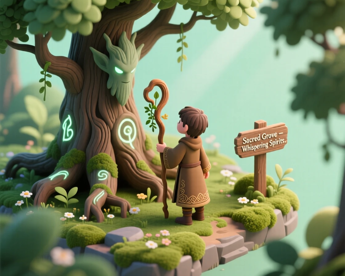 A young druid communicating with an ancient tree spirit in a grove bathed in dappled sunlight.