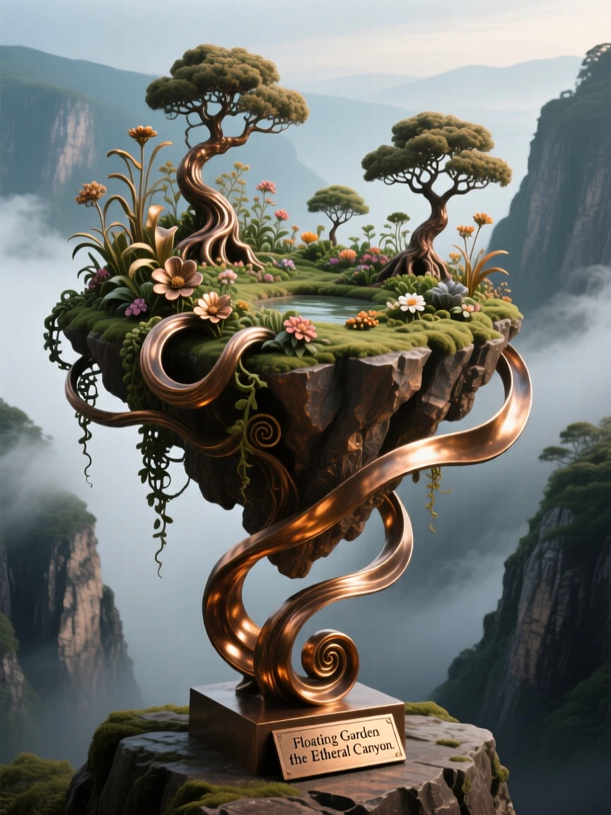 A floating garden suspended above a misty canyon, with swirling energy and radiant color, transporting the viewer to another world