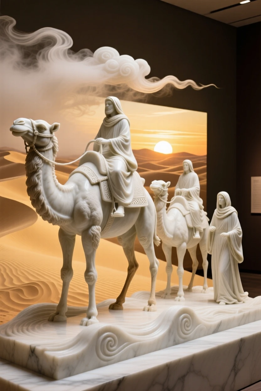 An evocative depiction of a caravan crossing golden desert dunes at sunset, amid swirling clouds and mist, balancing detail with emotional depth
