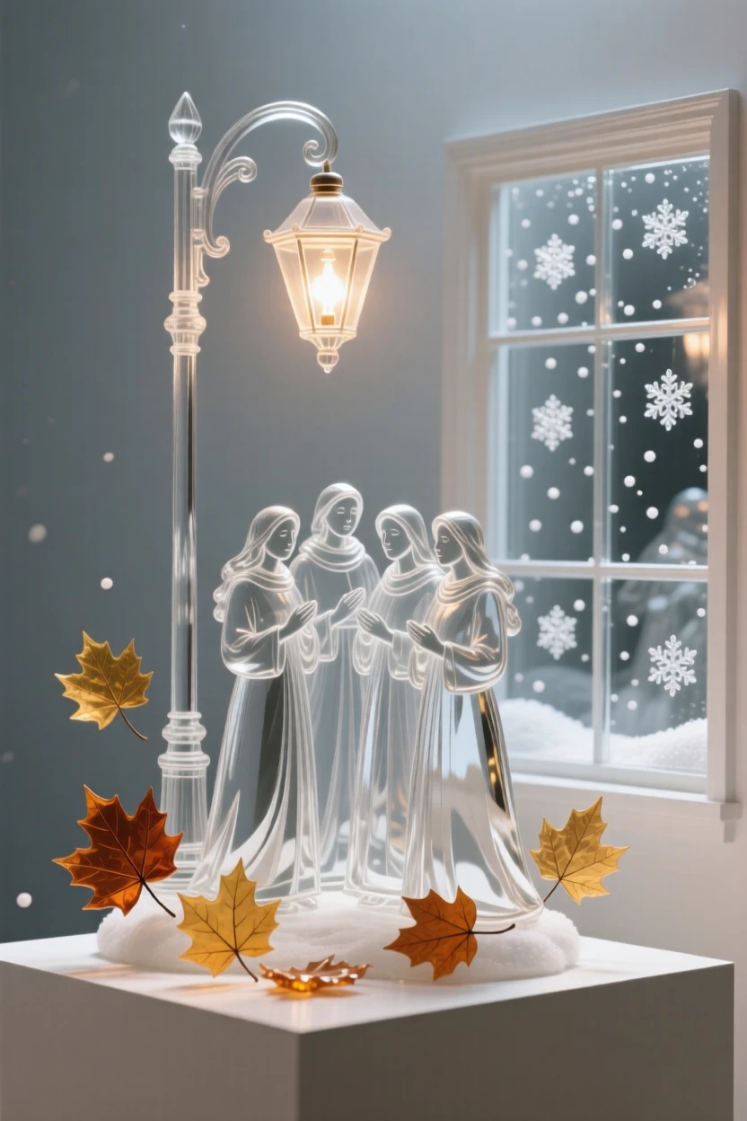 A group of carolers singing together beneath a streetlamp as autumn leaves drift slowly to the ground, while snowflakes drift slowly past the window