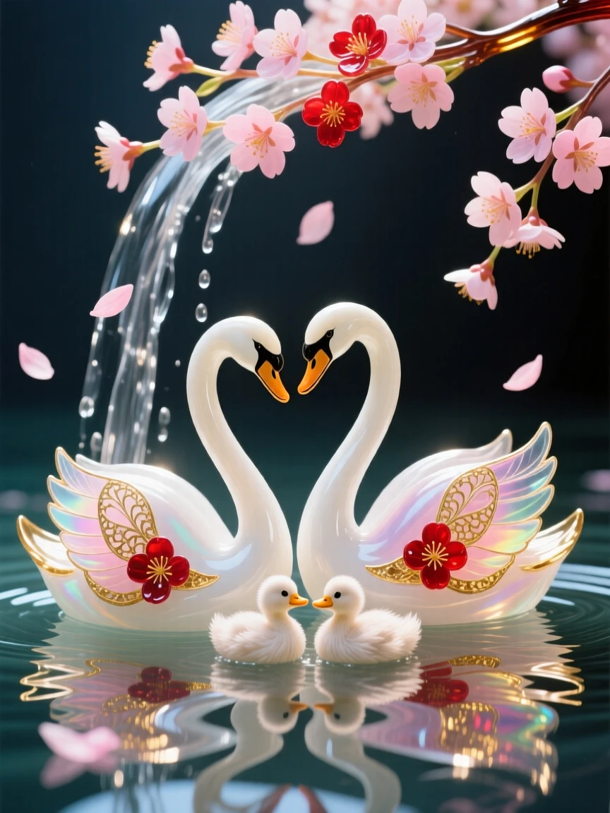 A pair of swans and cygnets swimming together beneath drifting cherry blossom petals, tender and dreamy.