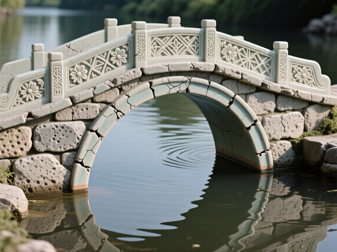 A weathered stone bridge arching over a river reflected in the still waters below, with intricate carvings along every surface, evoking timeless wonder and quiet grandeur.