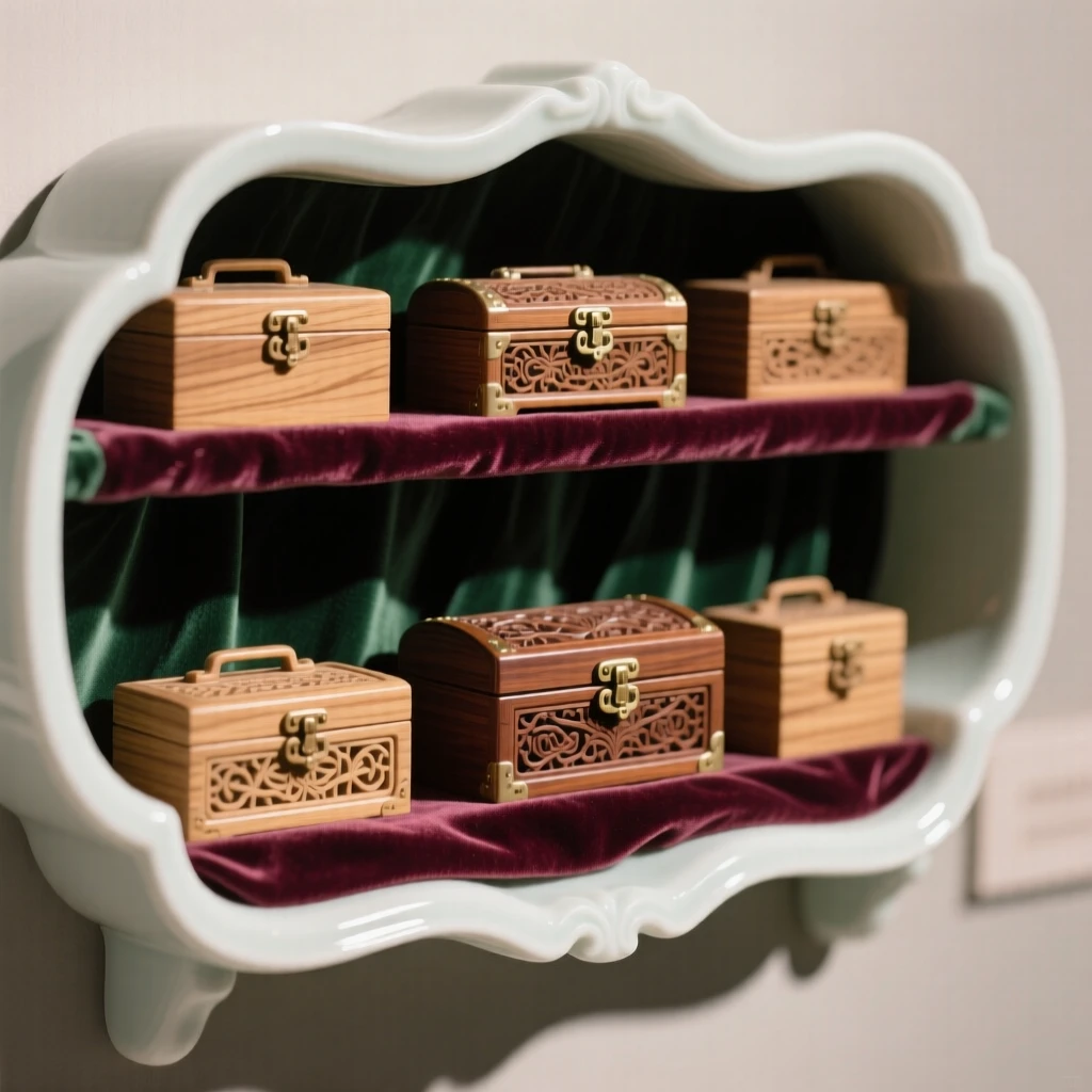 A collection of carved wooden boxes arranged on a velvet-lined shelf, softly lit to highlight fine detail.