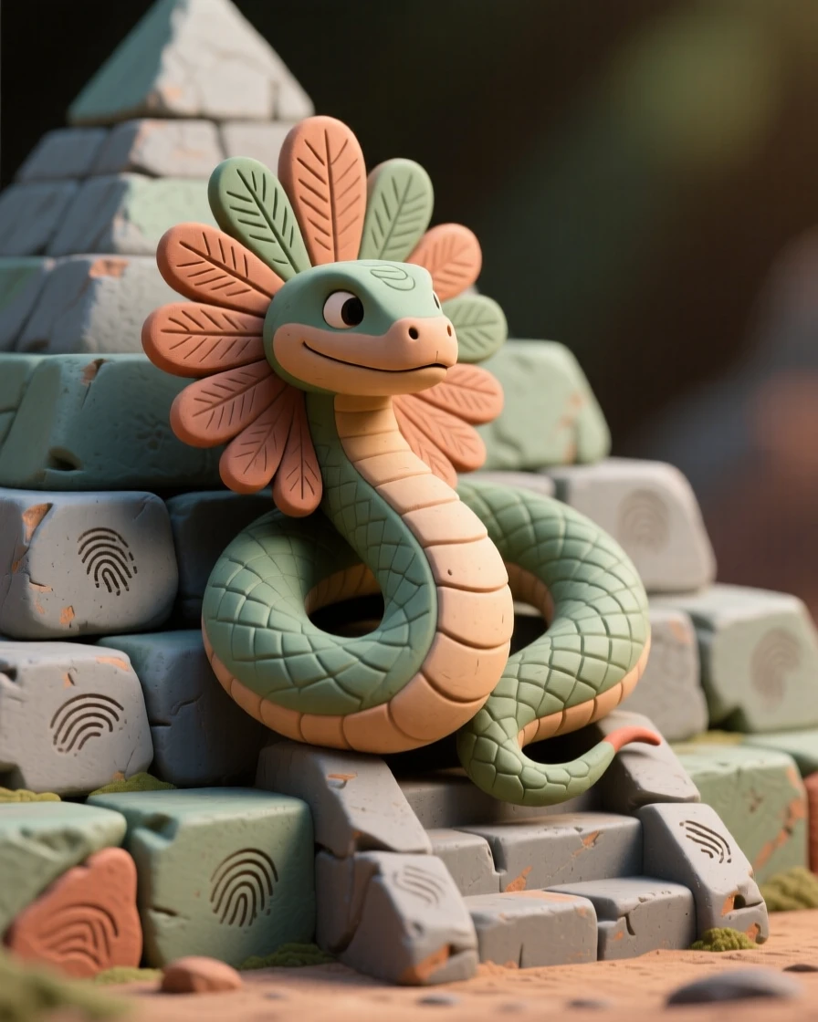 Quetzalcoatl the feathered serpent coiling around a stone pyramid