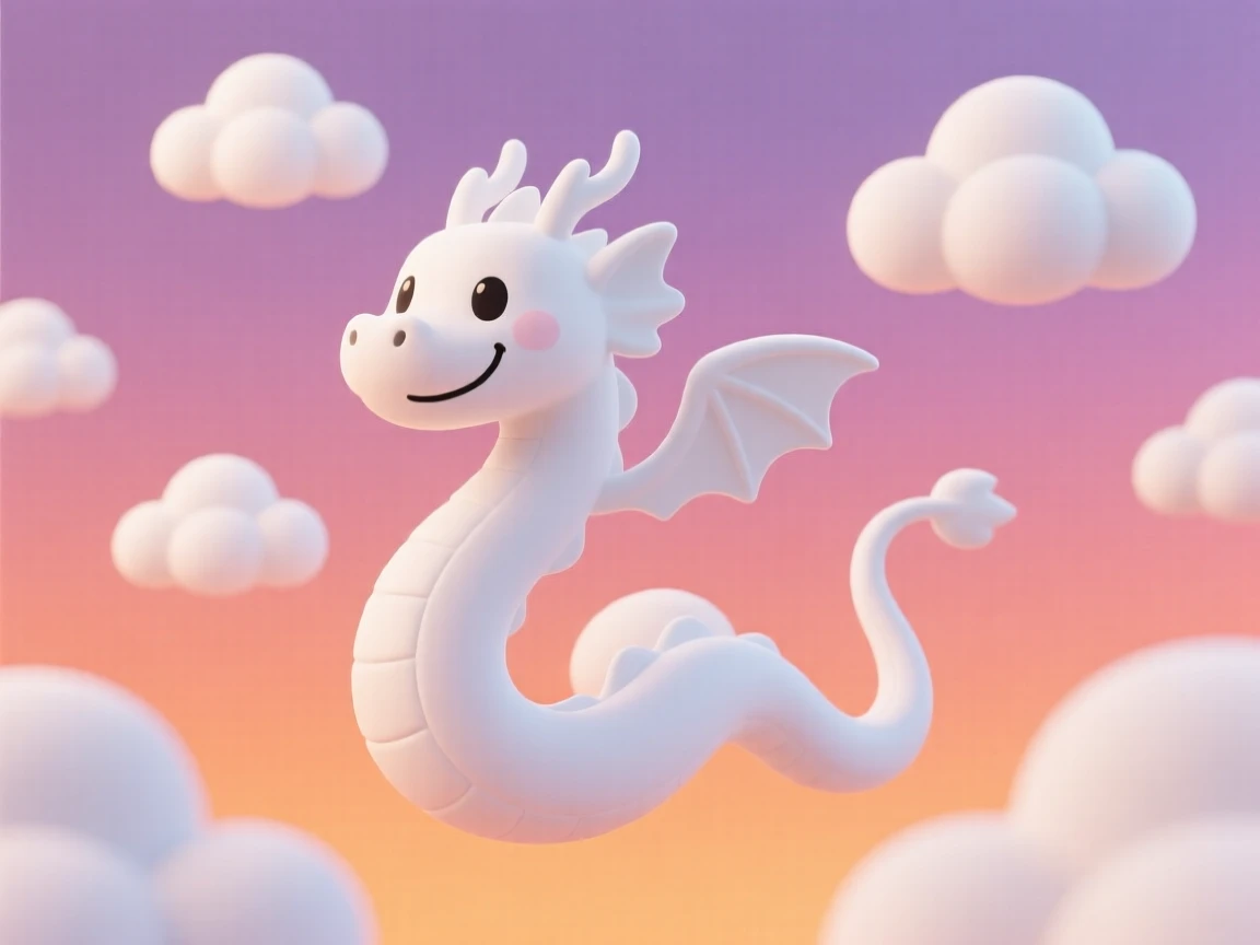 A playful cloud dragon chases its own tail through fluffy cumulus clouds above a sunset-colored sky.