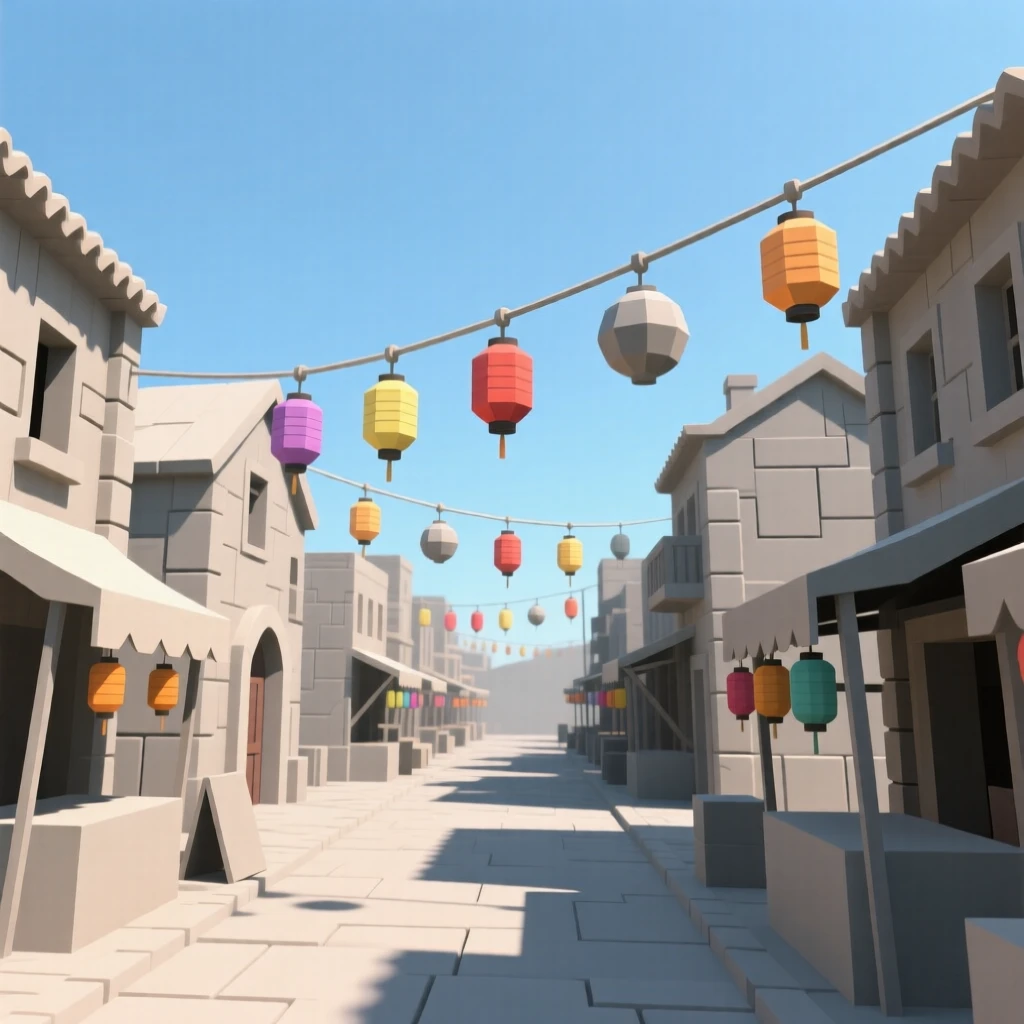 A bustling street market strung with colorful lanterns, beneath a clear blue midday sky. vibrant color accents contrast against neutral stone. A quiet grandeur fills the setting.
