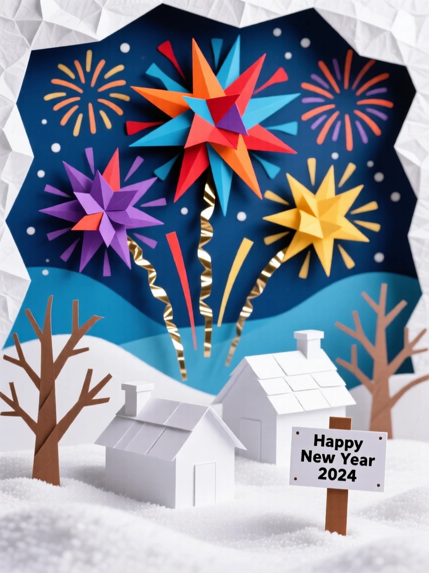 A dazzling New Year's Eve fireworks display framed by fresh-fallen snow, with fireworks bursting colorfully overhead, capturing cherished holiday tradition.