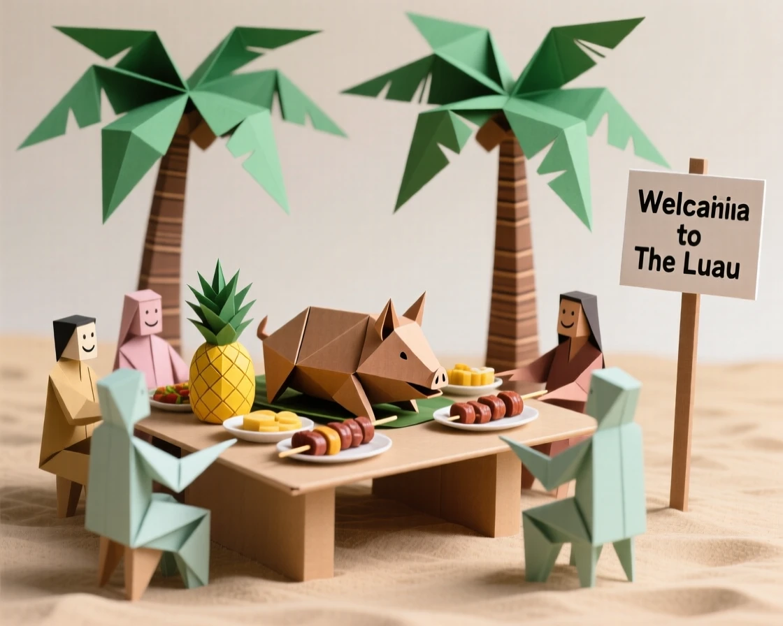 A Hawaiian luau celebration scene with a feast spread beneath swaying palm trees.