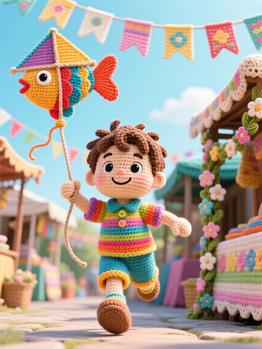 a small boy holding a kite shaped like a fish, for a children's day celebration, running joyfully beneath a clear sky, at a festive market street strung with colorful decorations, with a garland of woven flowers draped nearby, radiating the cheerful spirit of a beloved tradition.