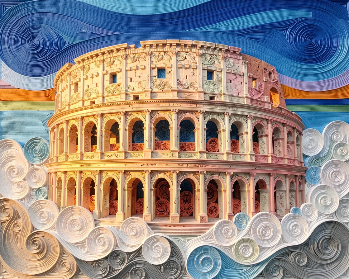 the Colosseum bathed in warm evening light, wrapped in gentle morning mist, composed with the landmark as a striking central focal point, in crisp, clear tones under a bright blue sky.