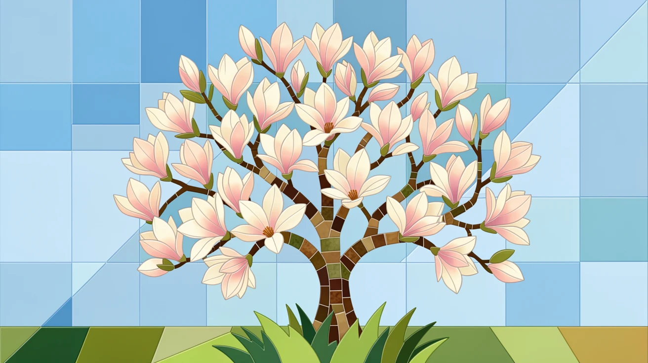 A magnolia tree in full bloom against a clear spring sky.