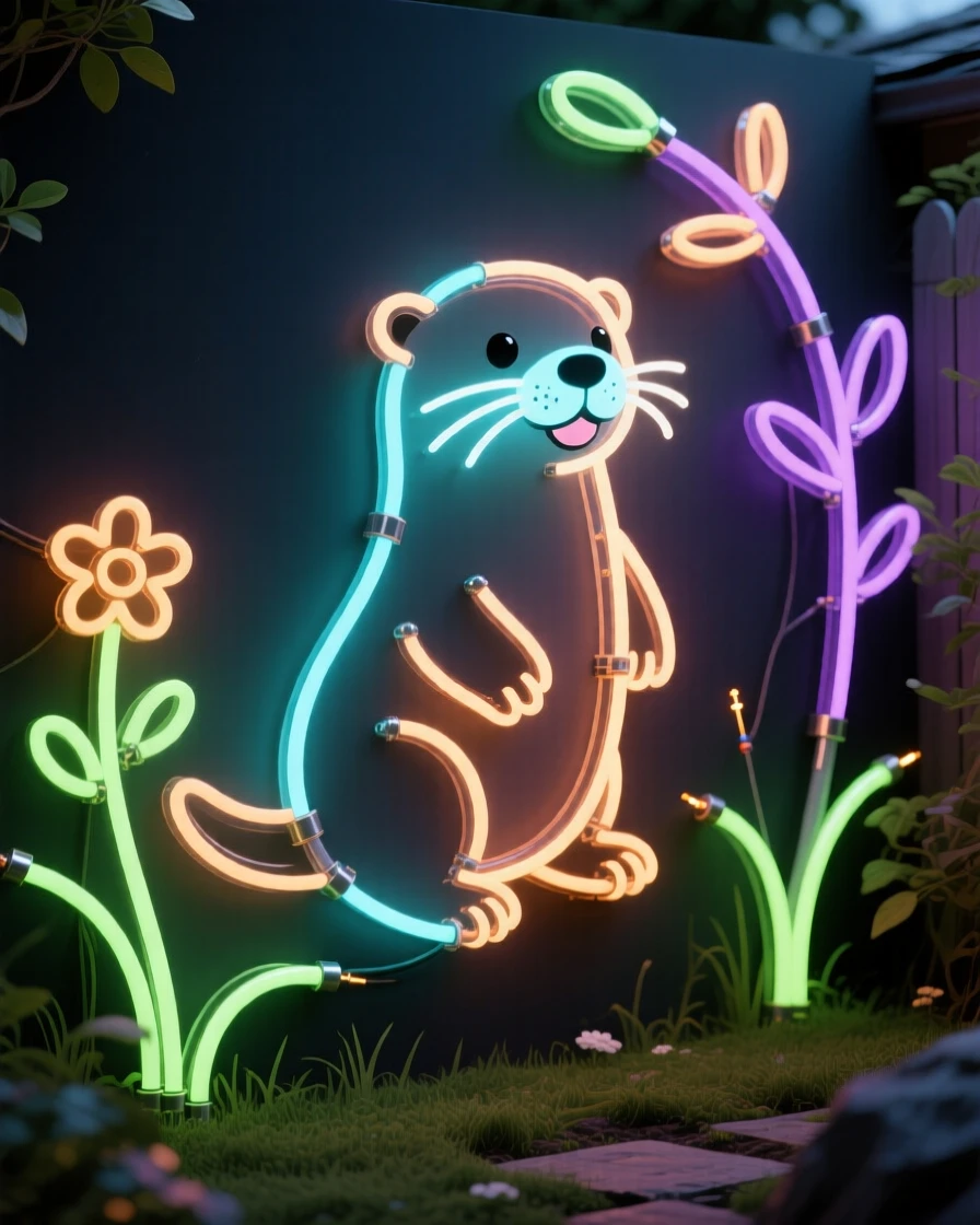 a playful otter pup in a quiet backyard garden.