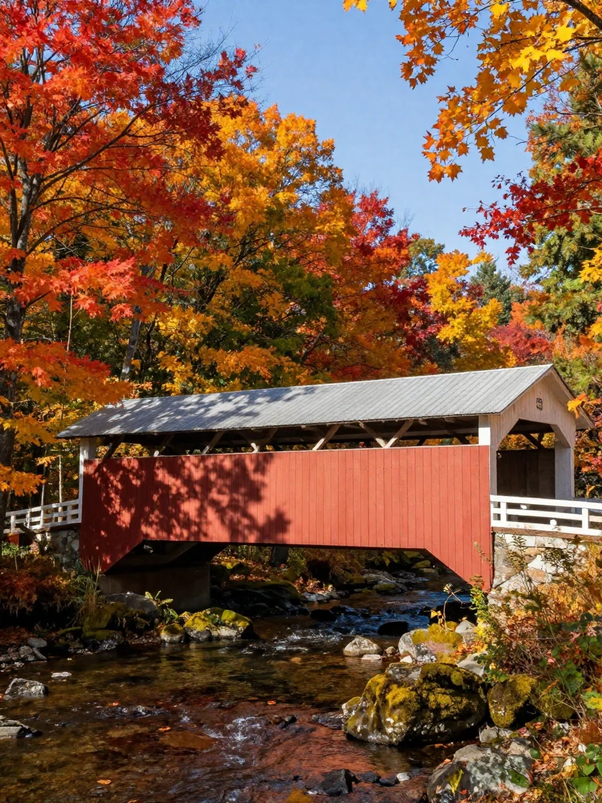 A Vermont covered bridge amid peak fall colors