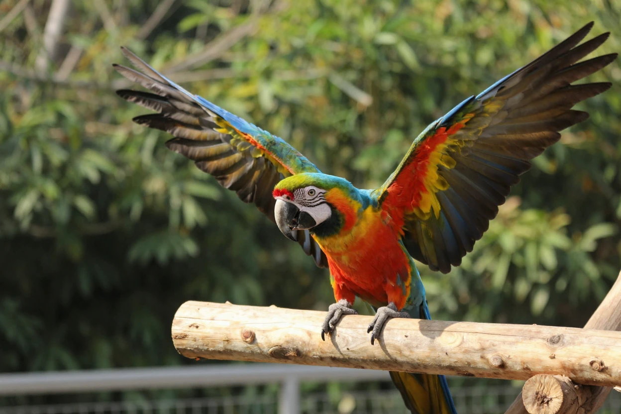A macaw displays its full wingspan while perched on an outdoor stand.