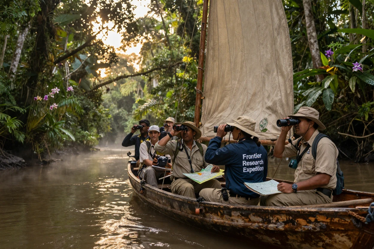 A team of researchers sailing toward an uncharted horizon in the heart of a remote rainforest