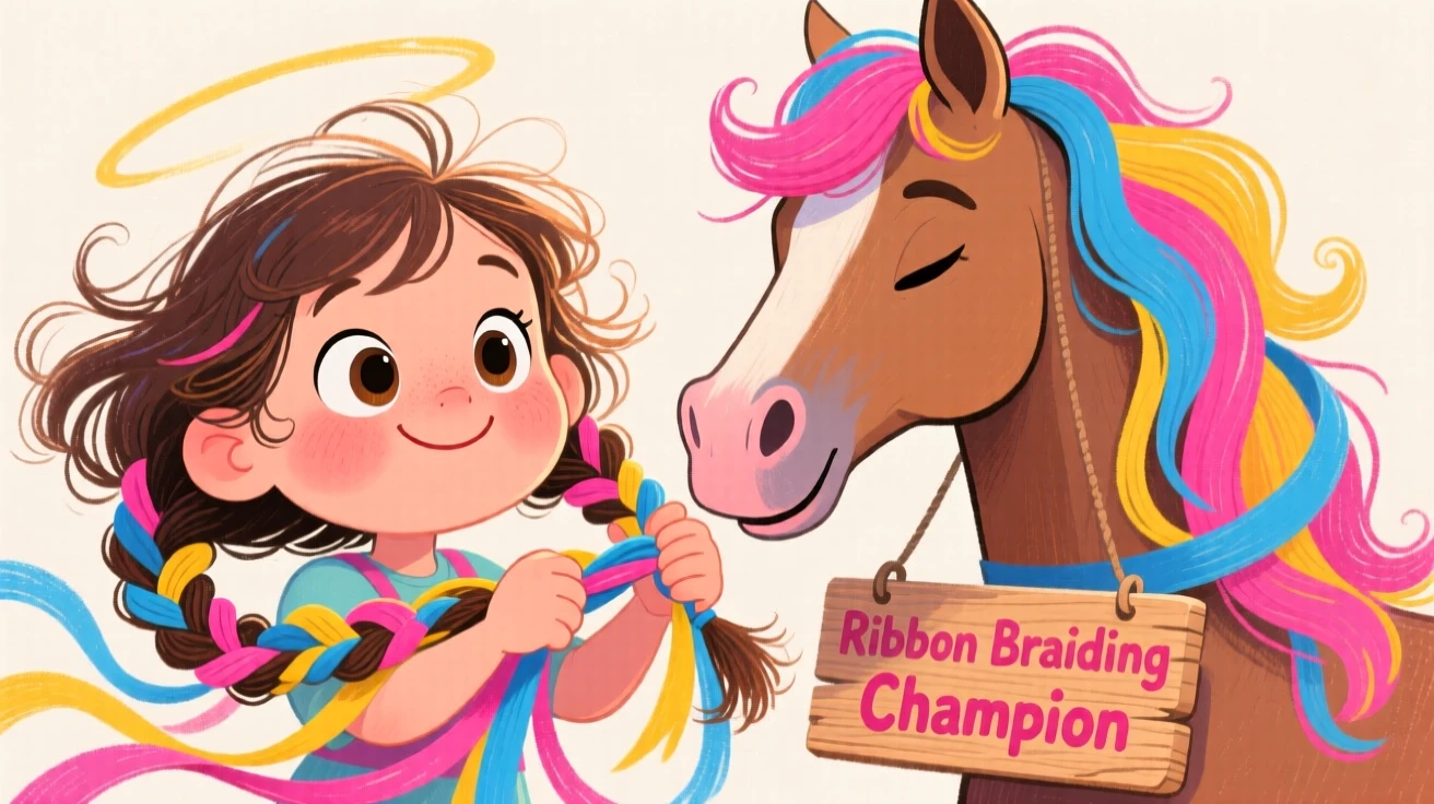 A little girl braiding ribbons into her patient pony's mane.