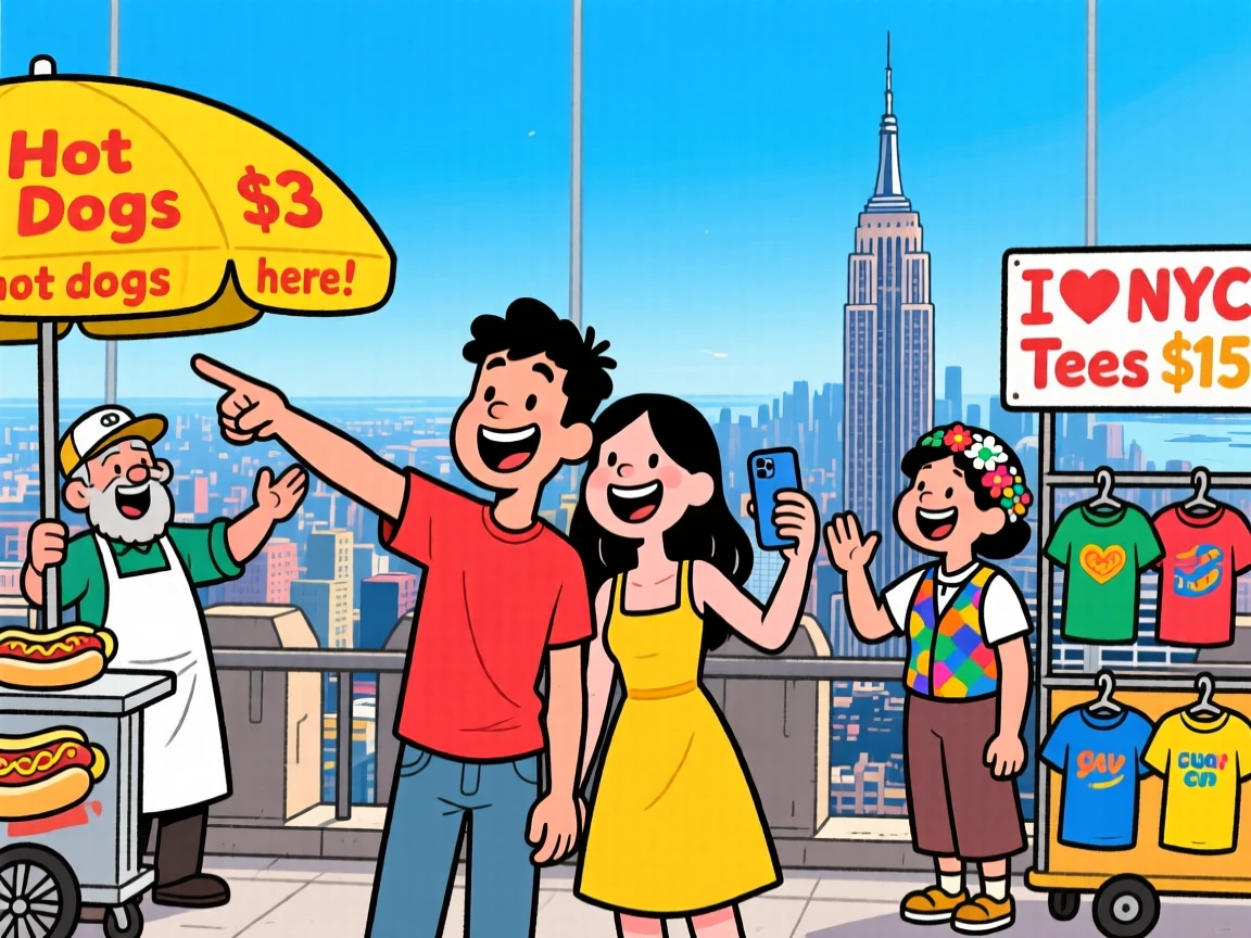 An iconic travel scene featuring a young couple taking in the view from the top of the Empire State Building, as street vendors call out cheerfully nearby.