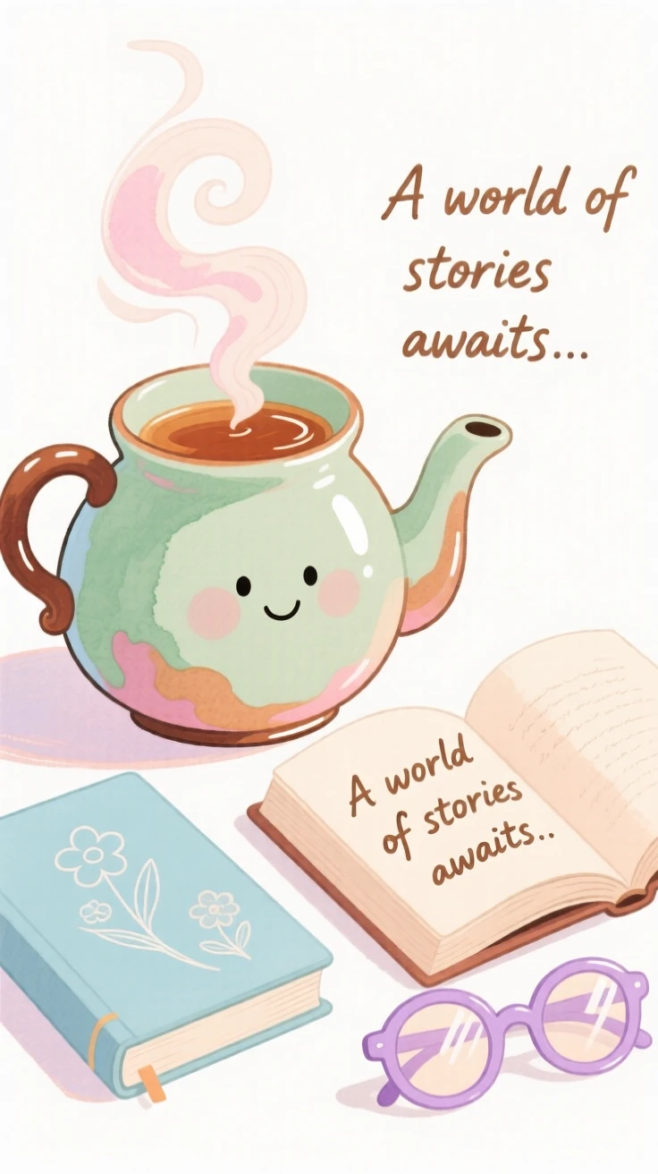 A cozy, appetizing, bright and cheerful scene of a steaming pot of tea beside an open book and reading glasses