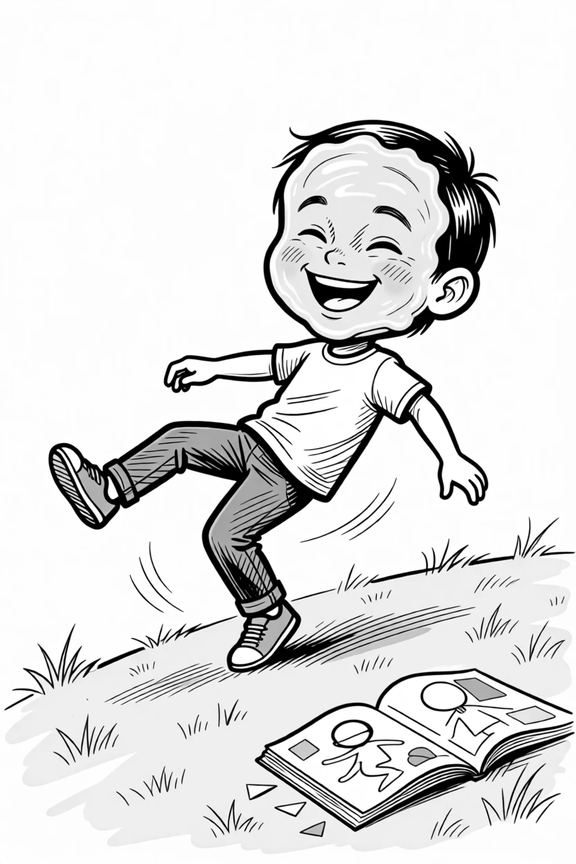 A kid mid-cartwheel that goes slightly sideways, beaming through a face completely covered in frosting, set on a grassy neighborhood hill. A half-finished coloring book lies open on the floor. There's an innocent, giggly charm to the whole moment.