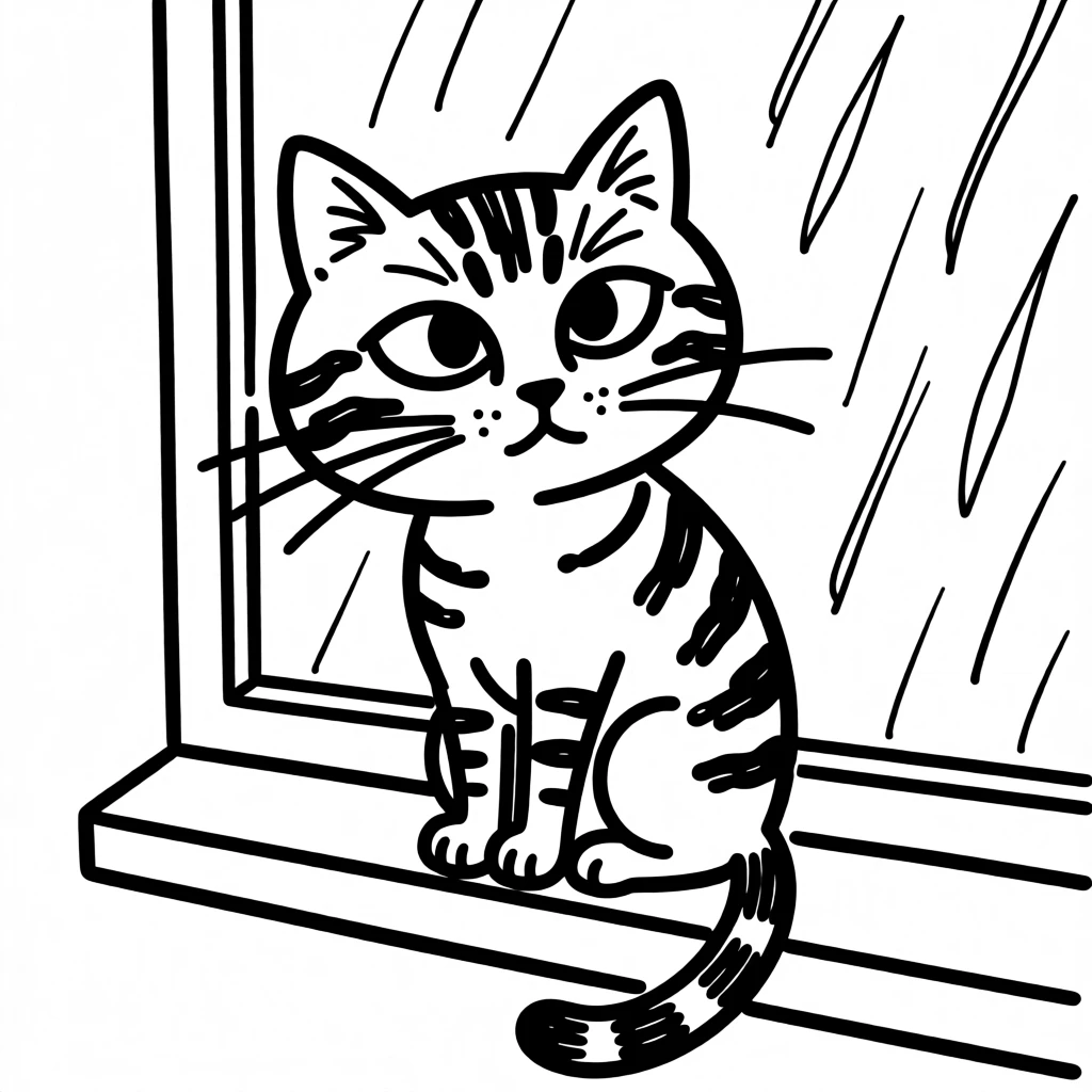 A tabby cat perched on a windowsill watching rain fall outside with a thoughtful expression.