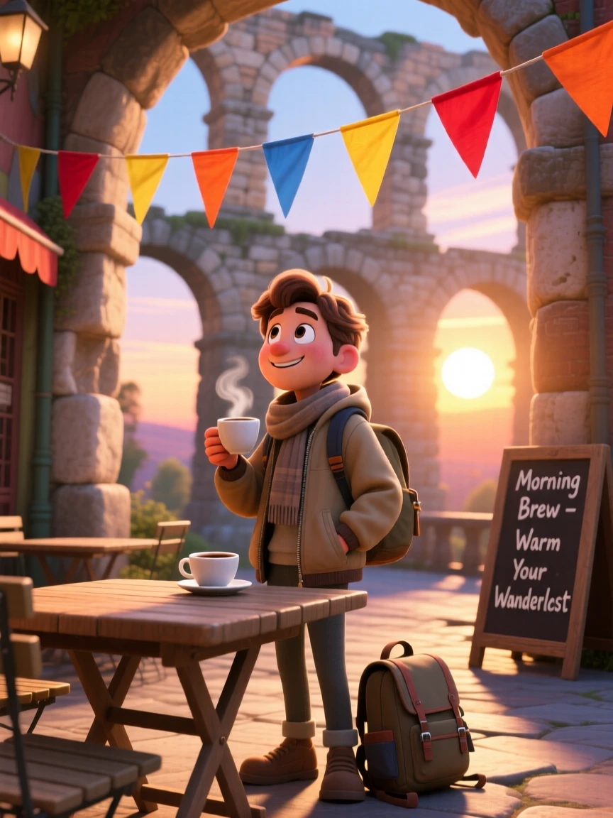 A traveler sipping coffee at a small cafe stands beneath the arches of an ancient stone aqueduct, watching the sun rise over the horizon. A warm sense of gratitude and wanderlust colors the moment, with colorful flags fluttering nearby.