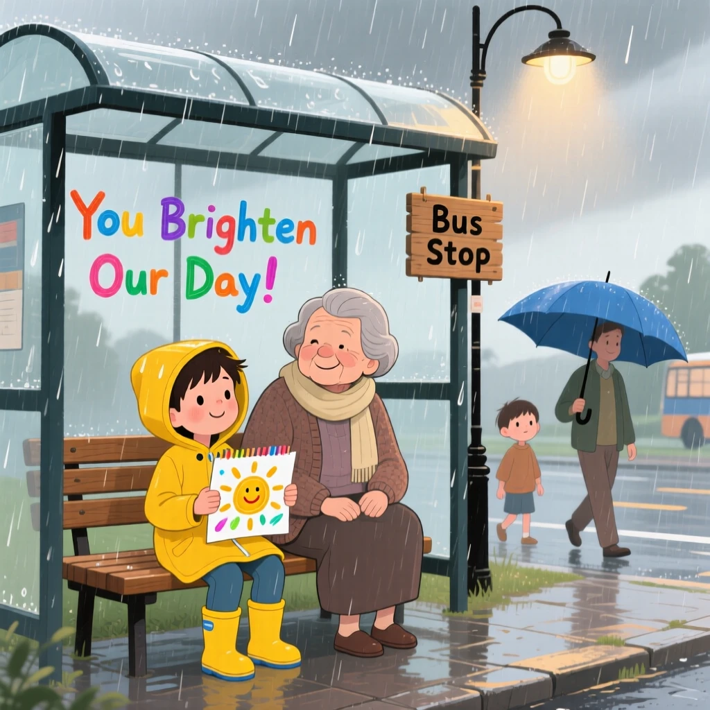 In a rainy bus stop, a young boy and an elderly neighbor bond over cheering up a friend with a surprise drawing, with quiet gratitude in their eyes.