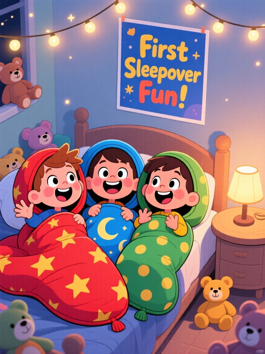 A kid's first sleepover, giggling in sleeping bags with friends.
