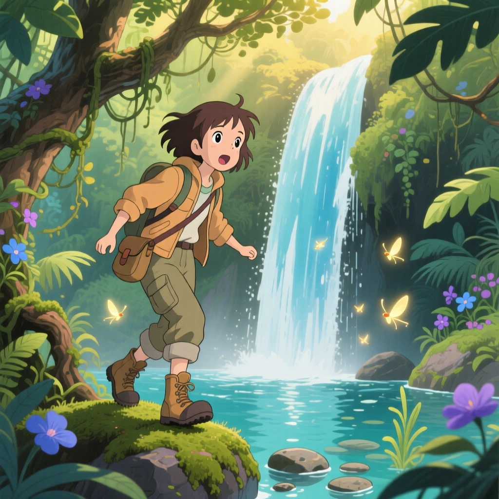 An explorer discovering a hidden waterfall deep in the jungle, the moment adventurous and hopeful.