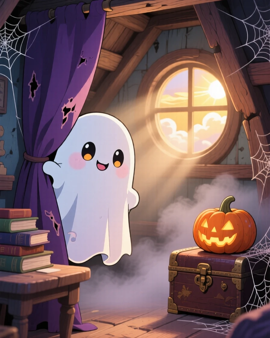 Close-up portrait: a round friendly ghost, playing peekaboo behind a curtain, set against a cozy haunted attic on a misty foggy morning, with rays of sunrise breaking through clouds and a mood of warm affection.