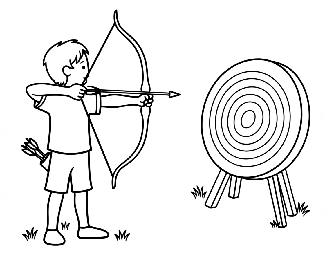 A child practicing archery with a bow and target