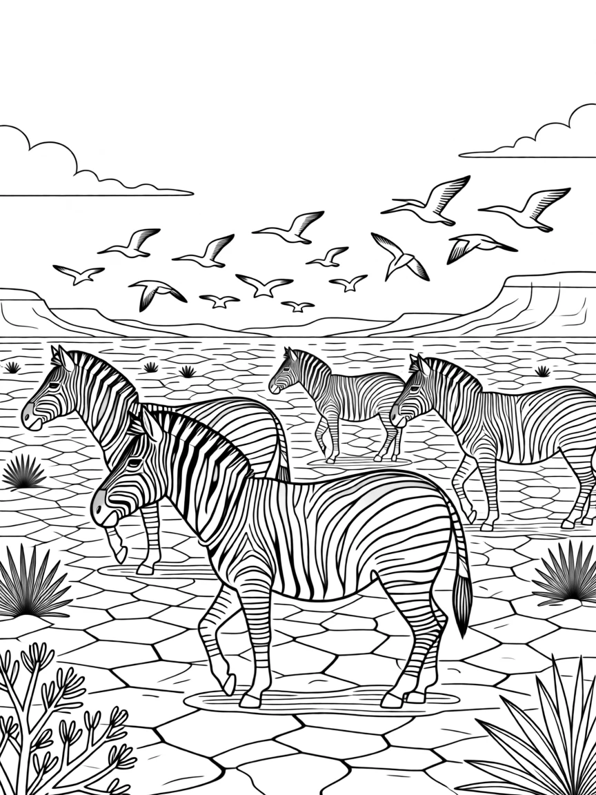 A herd of zebras walking across a cracked desert plain, with a flock of small birds scattering nearby.