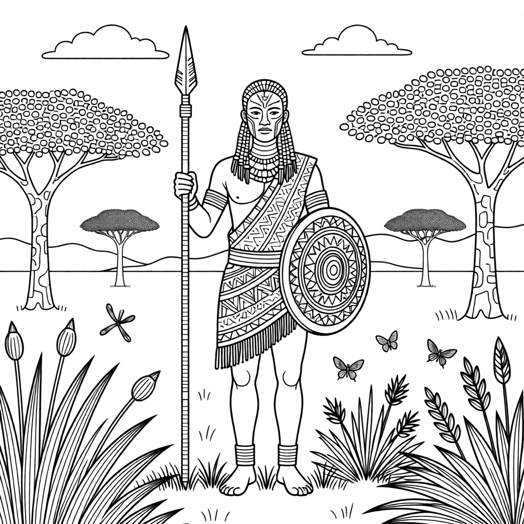 A warrior standing in traditional beaded jewelry on the savanna.