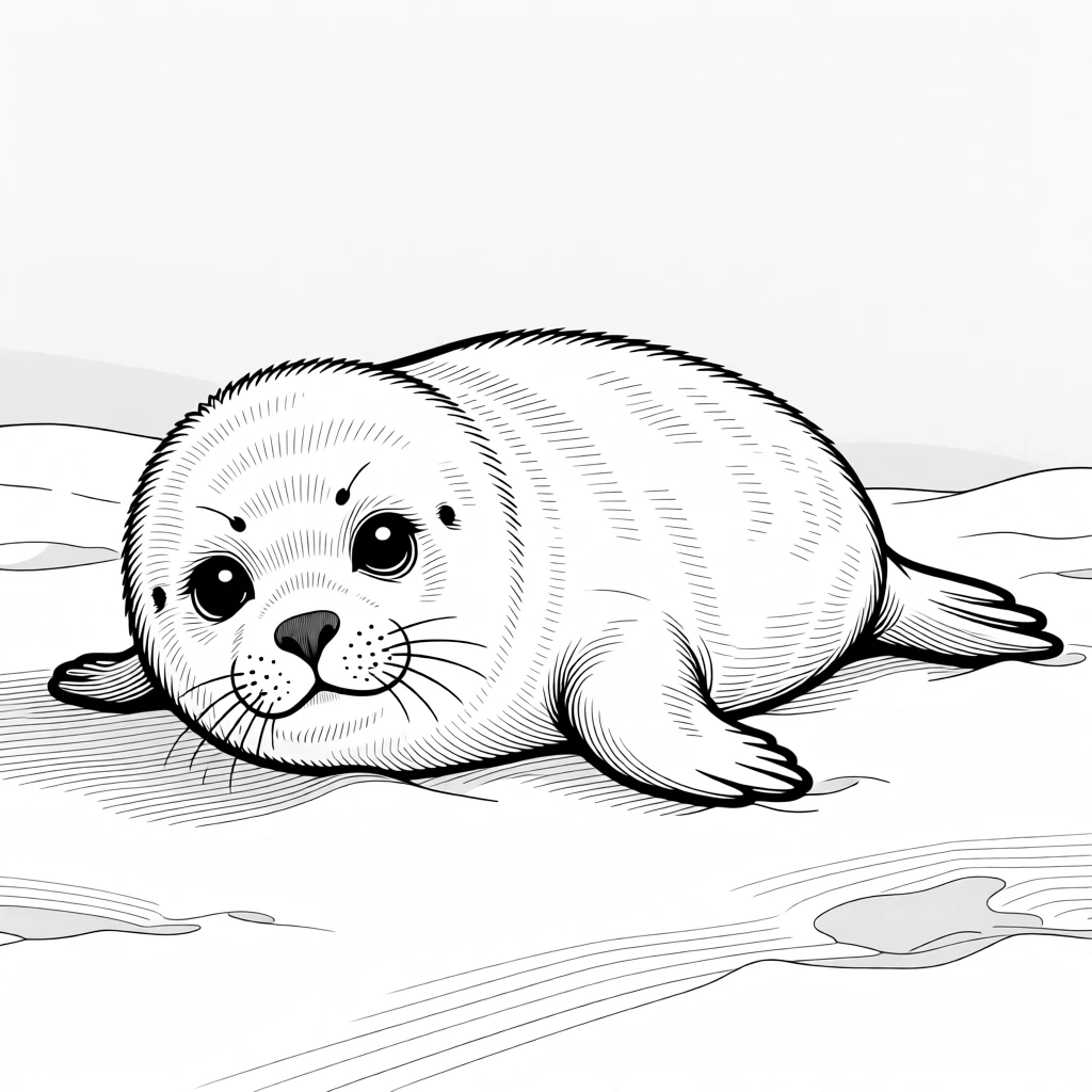 A baby seal with big dark eyes resting on snow
