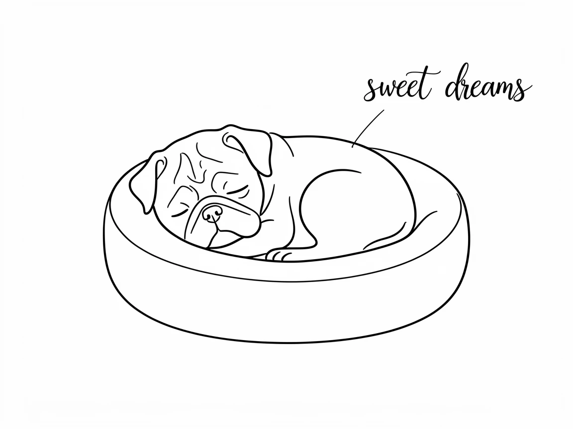 A pug dog napping soundly in a small round dog bed