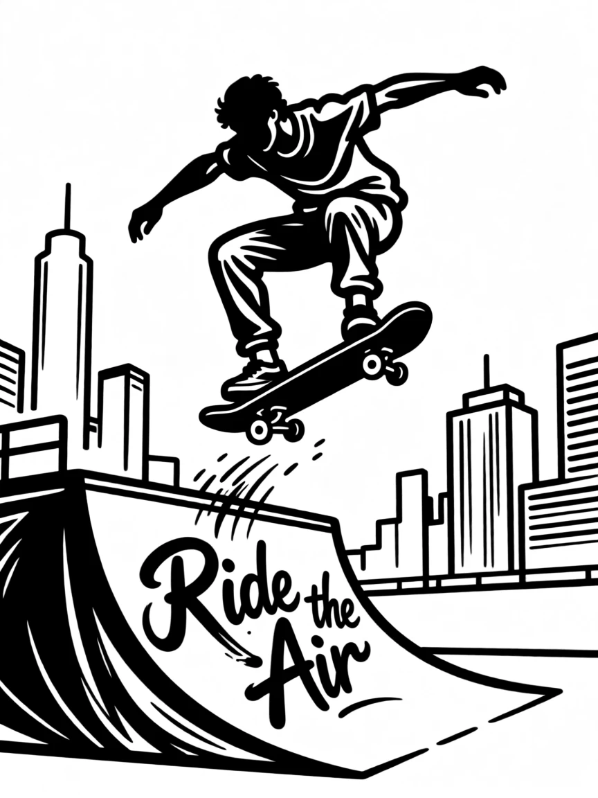 A skateboarder catching air off a ramp against a city backdrop.