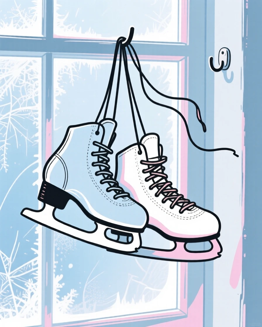 A pair of ice skates hanging beside a frosted windowpane.