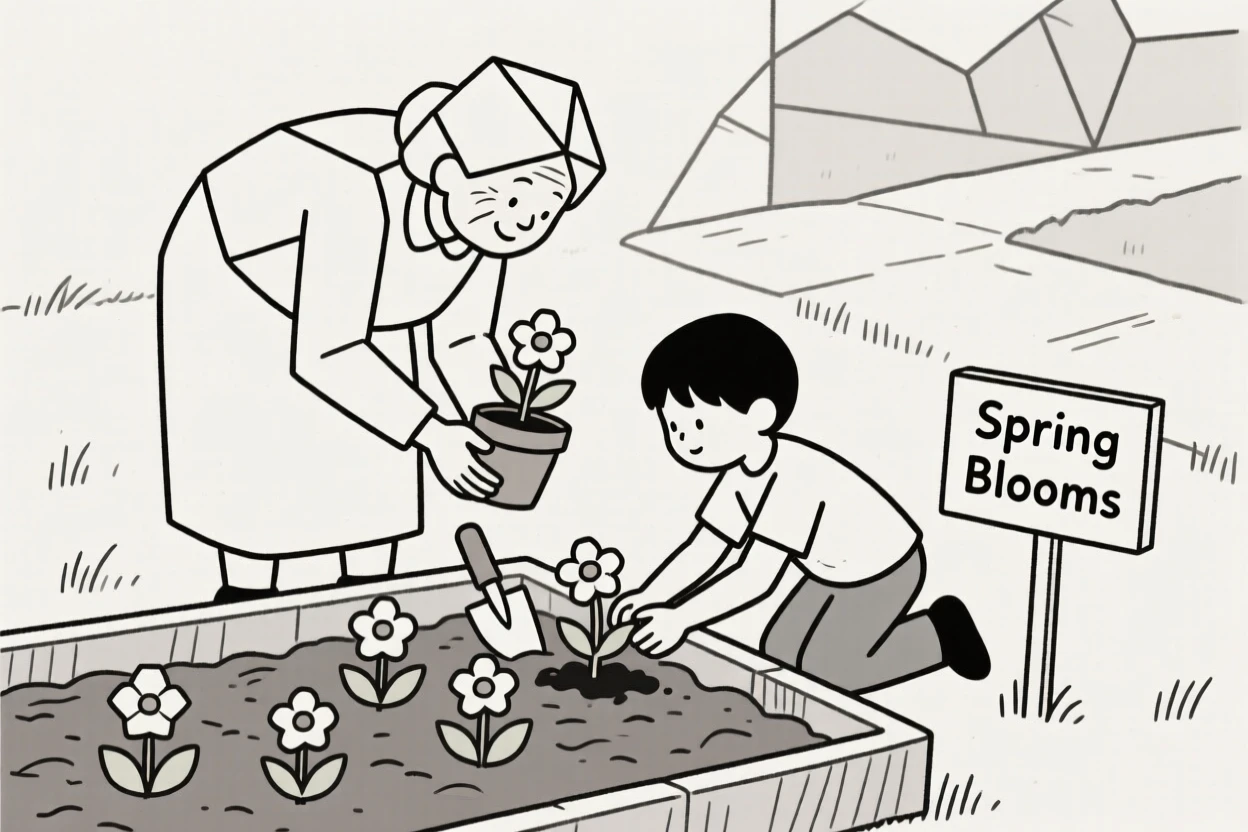 A grandmother and grandchild planting flowers in a garden