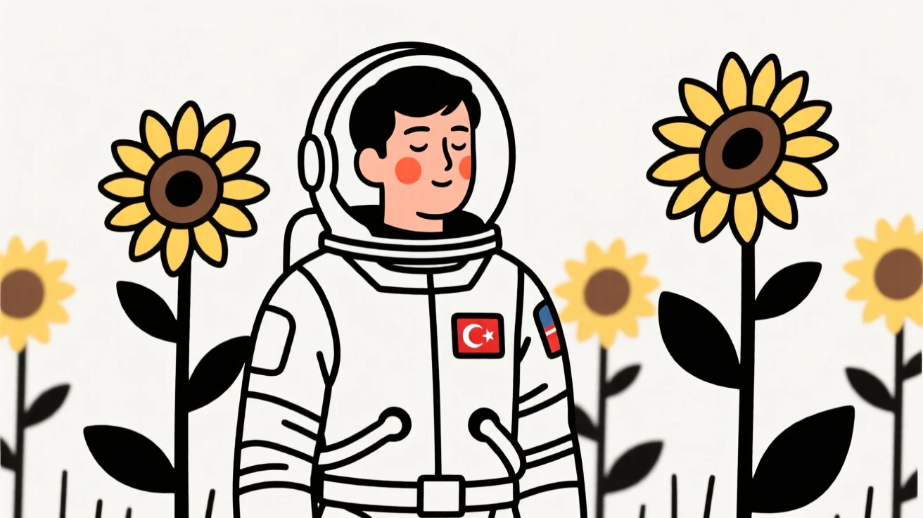 An astronaut of turkish heritage in training, looking serene and at peace, in a sunflower field.