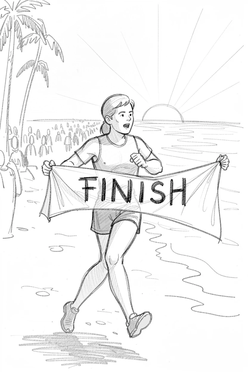 An energetic scene of a runner crossing a finish line at sunrise on a sun-drenched tropical beach, with the crowd blurred in the background.