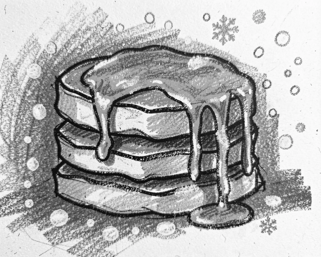 A stack of golden pancakes drizzled with syrup, under a soft blanket of falling snow.