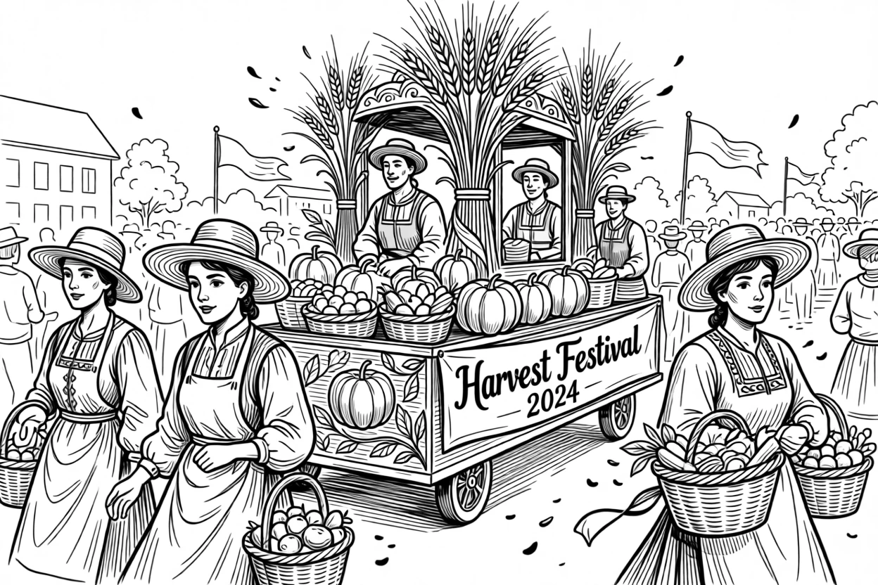 A vibrant street parade celebrating a local harvest festival.
